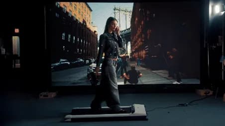 Fashion production set with a city backdrop and sculptural furniture.