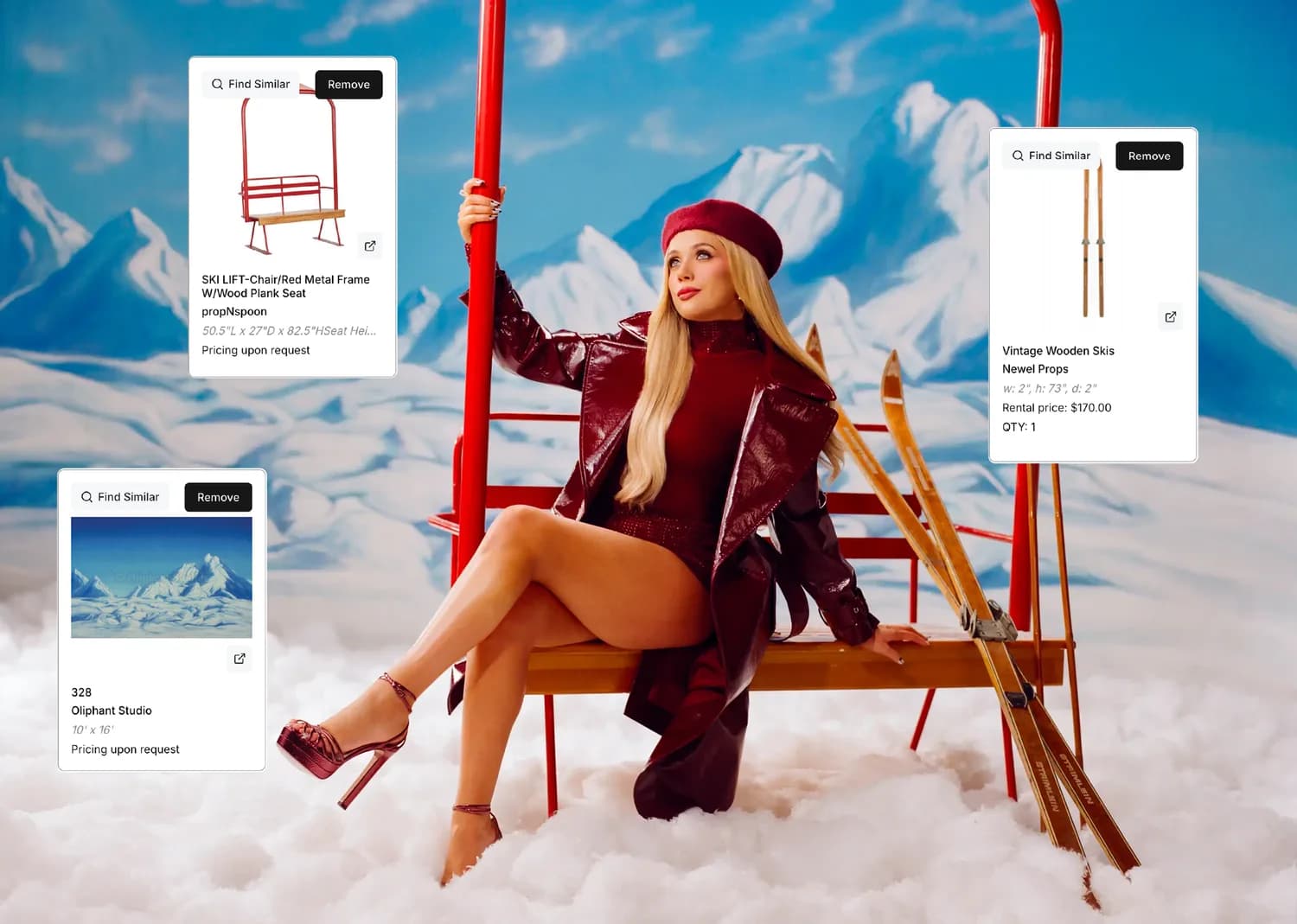 GetSet search results matched to a snowy production scene with vintage skis and a red chair.