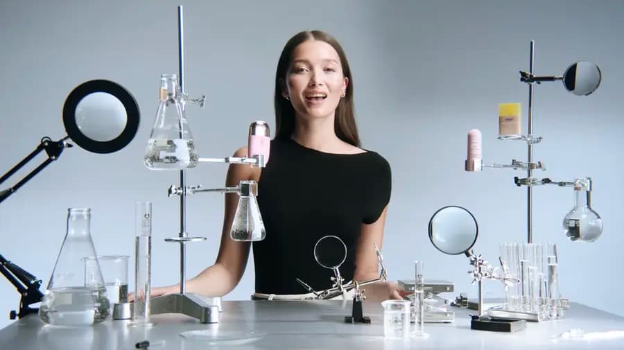 A laboratory production set with scientific glassware and equipment.