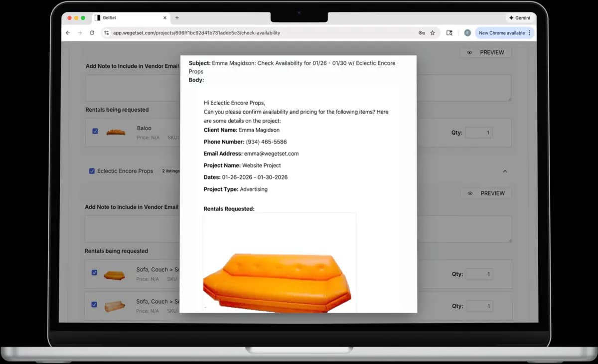 A laptop displaying a GetSet availability request for a yellow sofa bed.