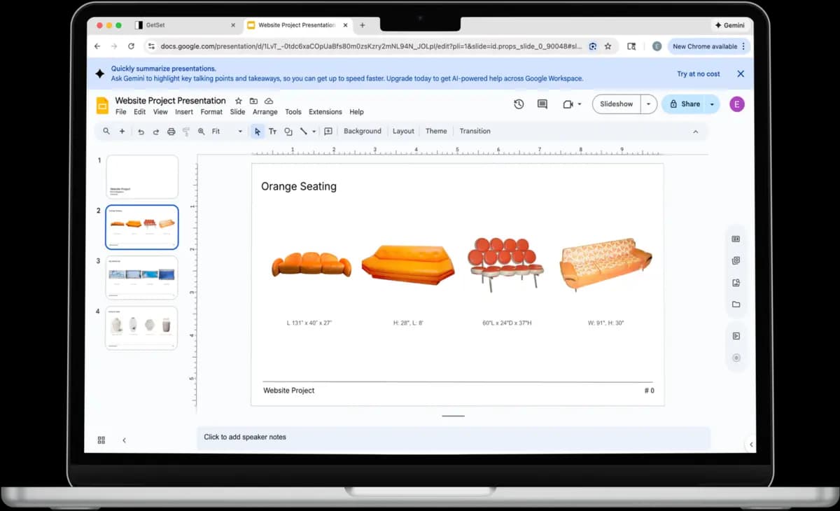 A laptop displaying a Google Slides presentation with orange seating options and dimensions.