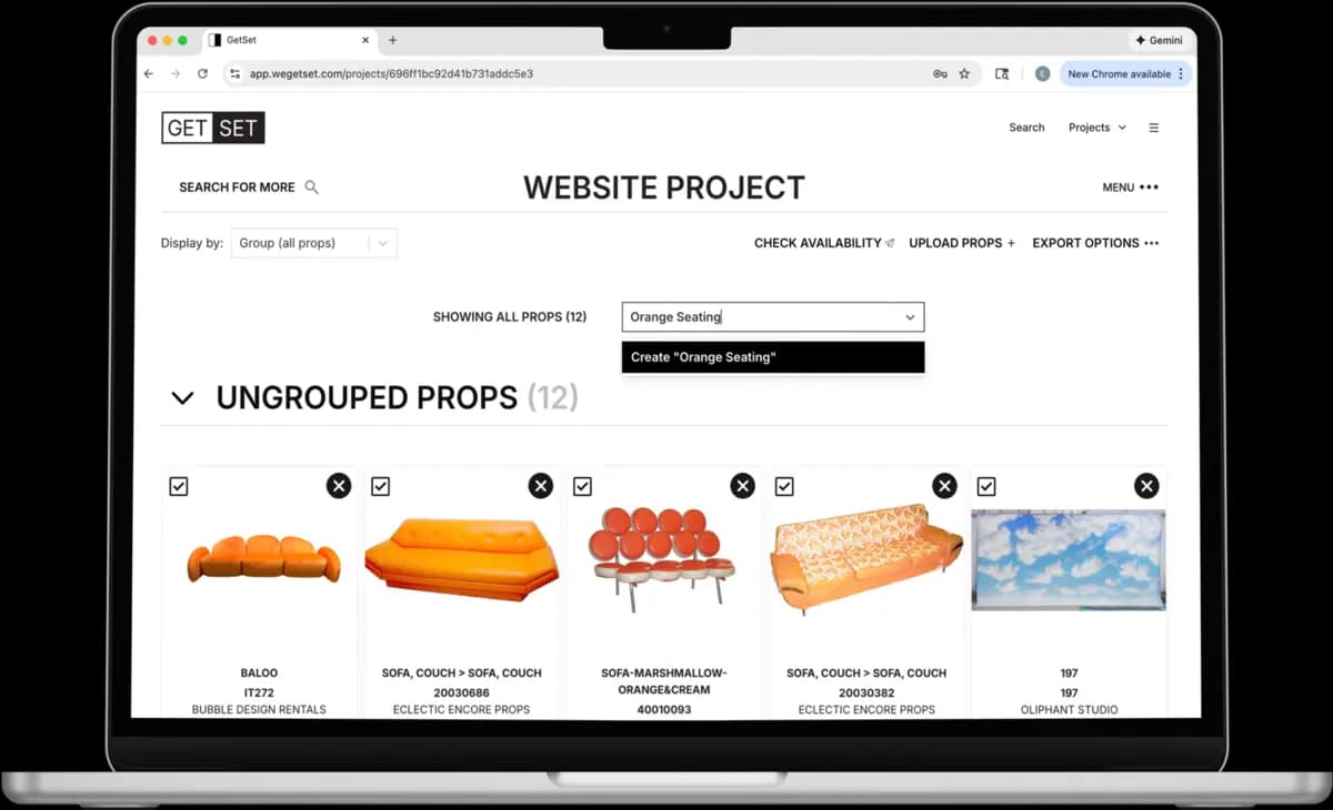 A laptop displaying a GetSet project with furniture props organized into groups.