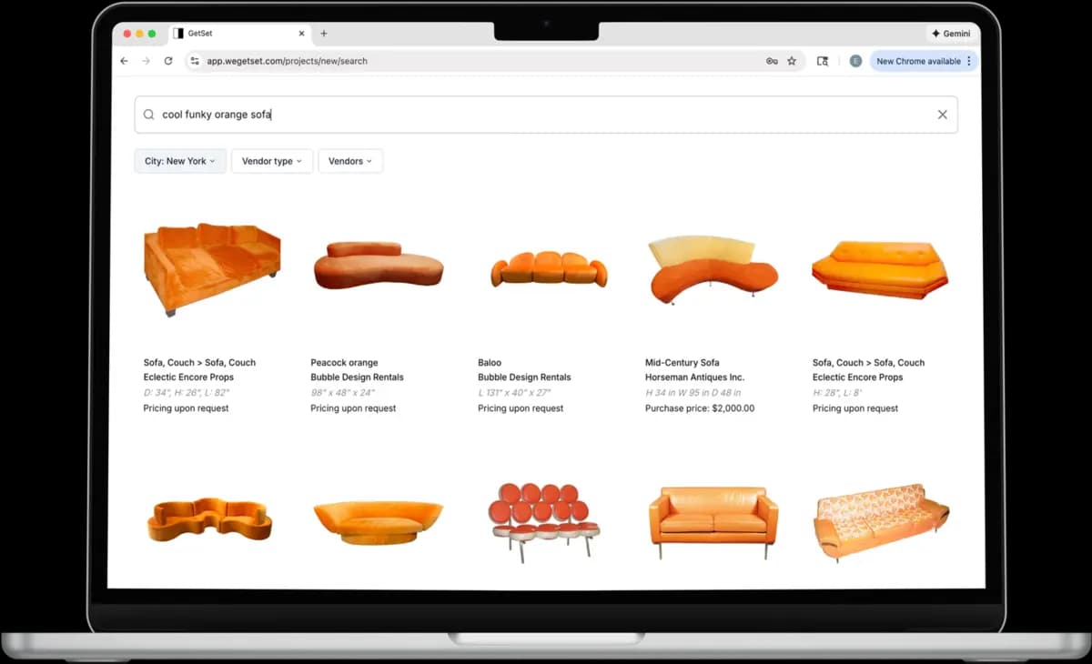 A laptop displaying GetSet search results for orange and yellow retro-style sofas.